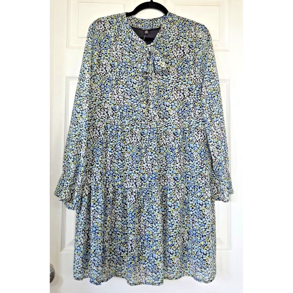 VERSONA Blue Ditsy Floral Dress Sheer Lined Long Sleeve Cottagecore Size M NWT